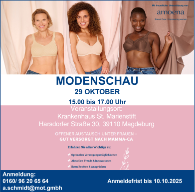 Einladungsflyer zur Modenschau Einladungsflyer der Firma MOT: Drei Frauen in Unterwäsche lächeln in die Kamera.