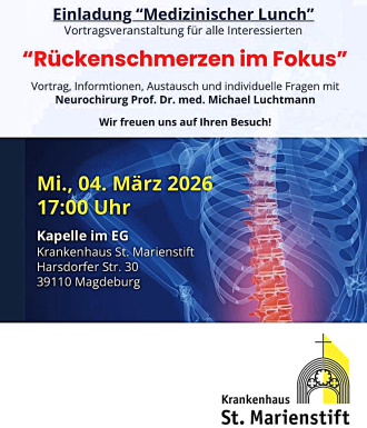 Einladungsflyer zur nächsten Patientenveranstaltung zum Thema "Rückenschmerzen im Fokus" am 4. März um 17:00 Uhr