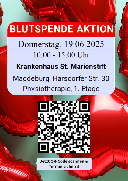 Auf dem Plakat sind im Hintergrund rote Herzluftballons und davor die Termindaten mit einem QR-Code für eine Anmeldung zu erkennen
