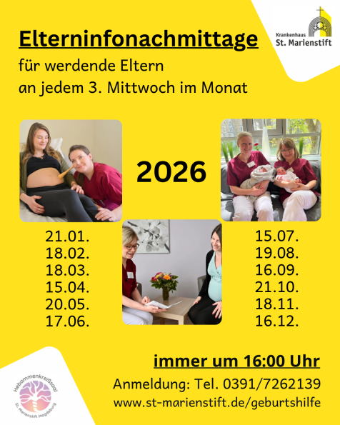 Terminplan der Elterninformationsnachmittag mit St. Marienstift auf gelben Untergrund und mit 12 Terminen für 2026