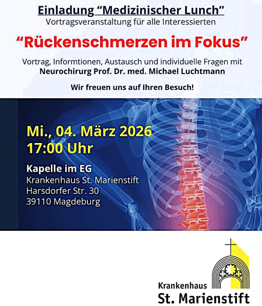 Einladungsflyer zur nächsten Patientenveranstaltung zum Thema "Rückenschmerzen im Fokus" am 4. März um 17:00 Uhr
