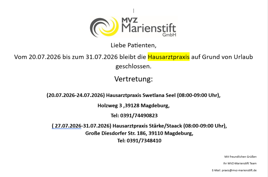 Notiz zur Urlaubsvertretung von Frau Dr. Motschmann.