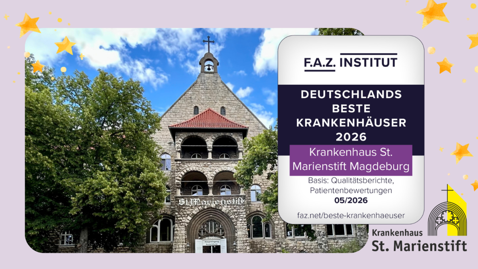 Auszeichnung beste Krankenhäuser-Siegel und Ansicht Hauptportal