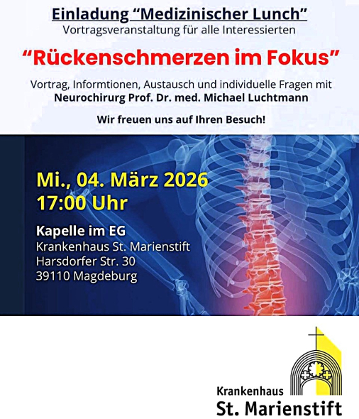 Einladungsflyer zur nächsten Patientenveranstaltung zum Thema "Rückenschmerzen im Fokus" am 4. März um 17:00 Uhr