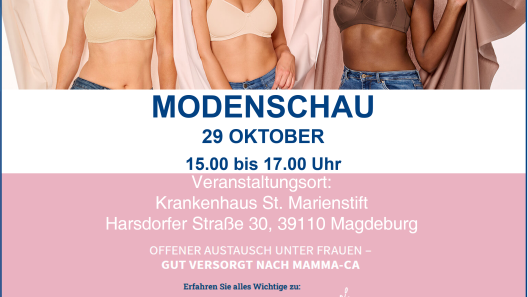 Einladungsflyer der Firma MOT: Drei Frauen in Unterwäsche lächeln in die Kamera.