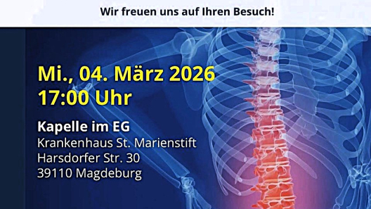 Einladungsflyer zur nächsten Patientenveranstaltung zum Thema "Rückenschmerzen im Fokus" am 4. März um 17:00 Uhr