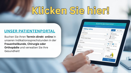 Auf dem Bild erkennt man ein junge Frau, die auf ein Laptop zeigt. Links steht der Text zum Anklicken des Patientenportals.